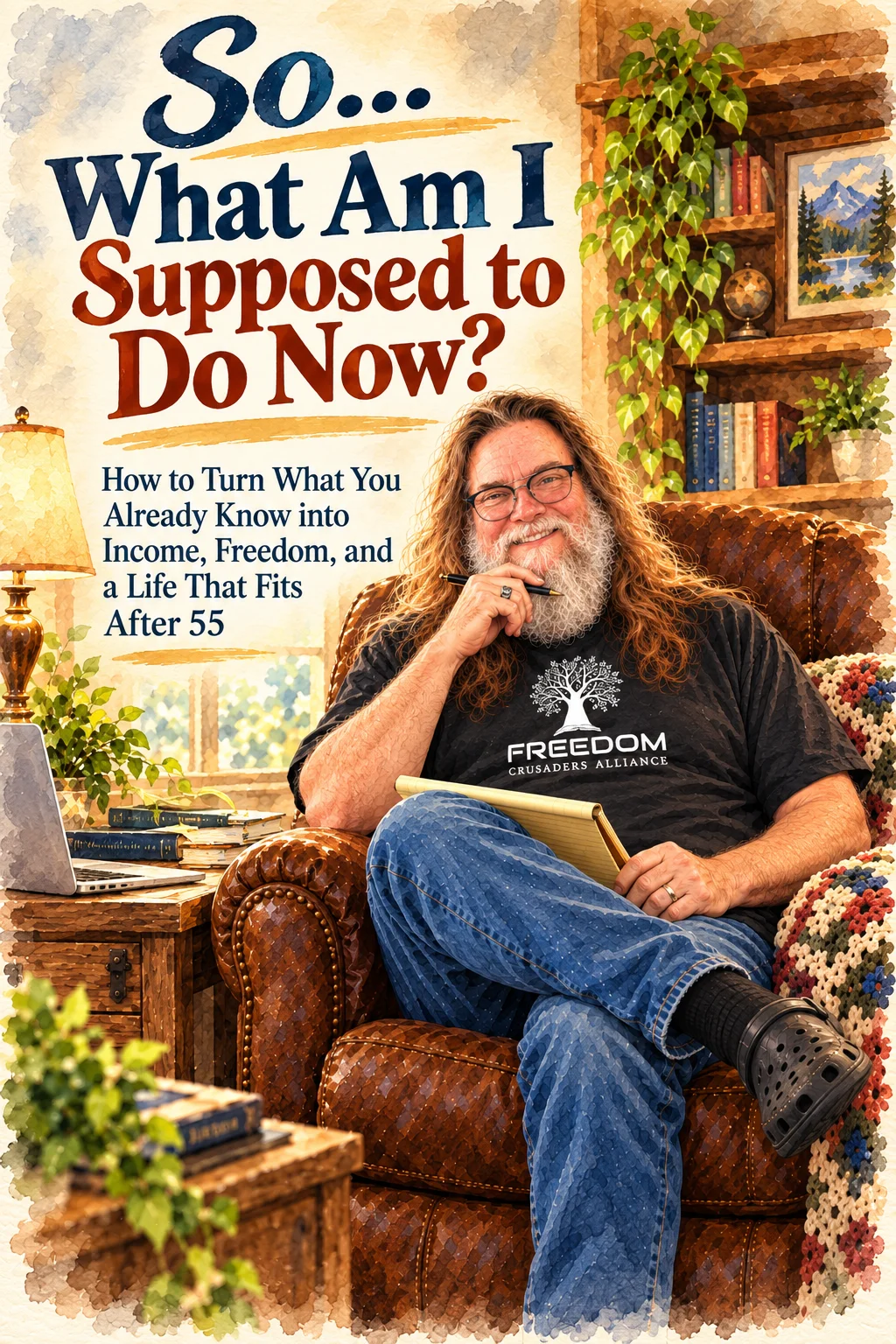 Cover of the free guide So... What Am I Supposed to Do Now? by Topper, showing him smiling in his leather recliner with a notepad