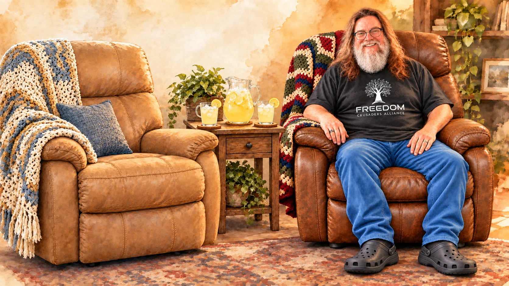 Topper smiling in his brown leather recliner beside an empty recliner set out for a guest, with lemonade poured for two, warm watercolor style